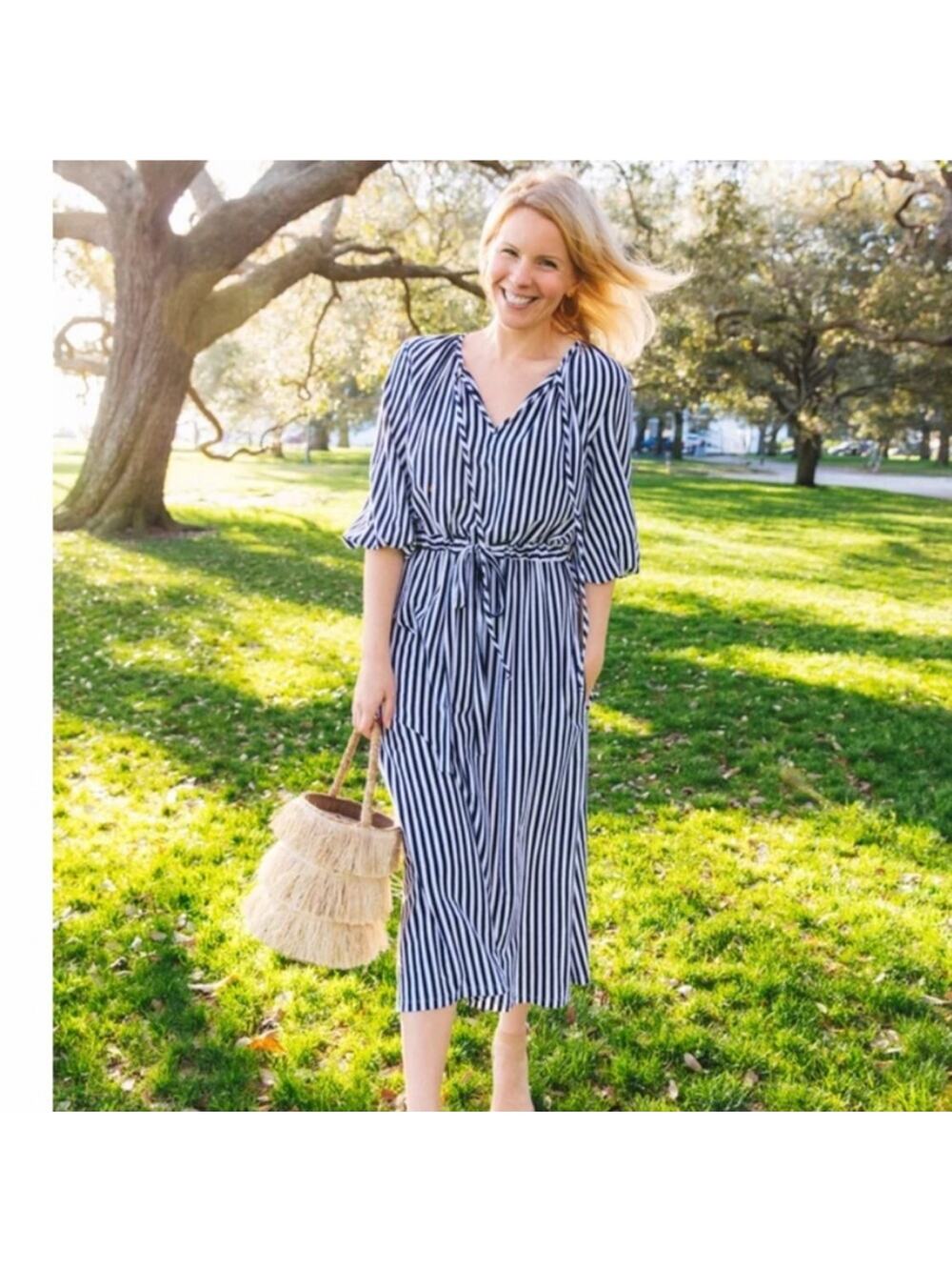MDS Stripes Blue and White Striped Garden Midi Dress